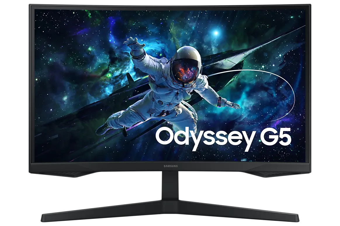 Samsung Odyssey G5 G55C 27-inch monitor, official exact-model gallery view showing the screen and supplied stand.