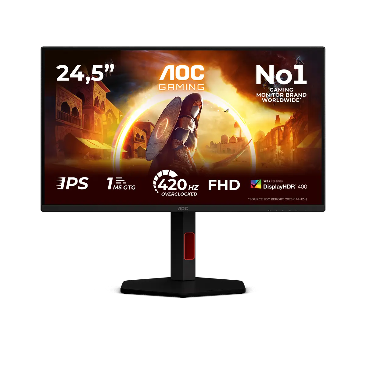 AOC 25G4KUR monitor, official exact-model gallery view showing the screen and supplied stand.
