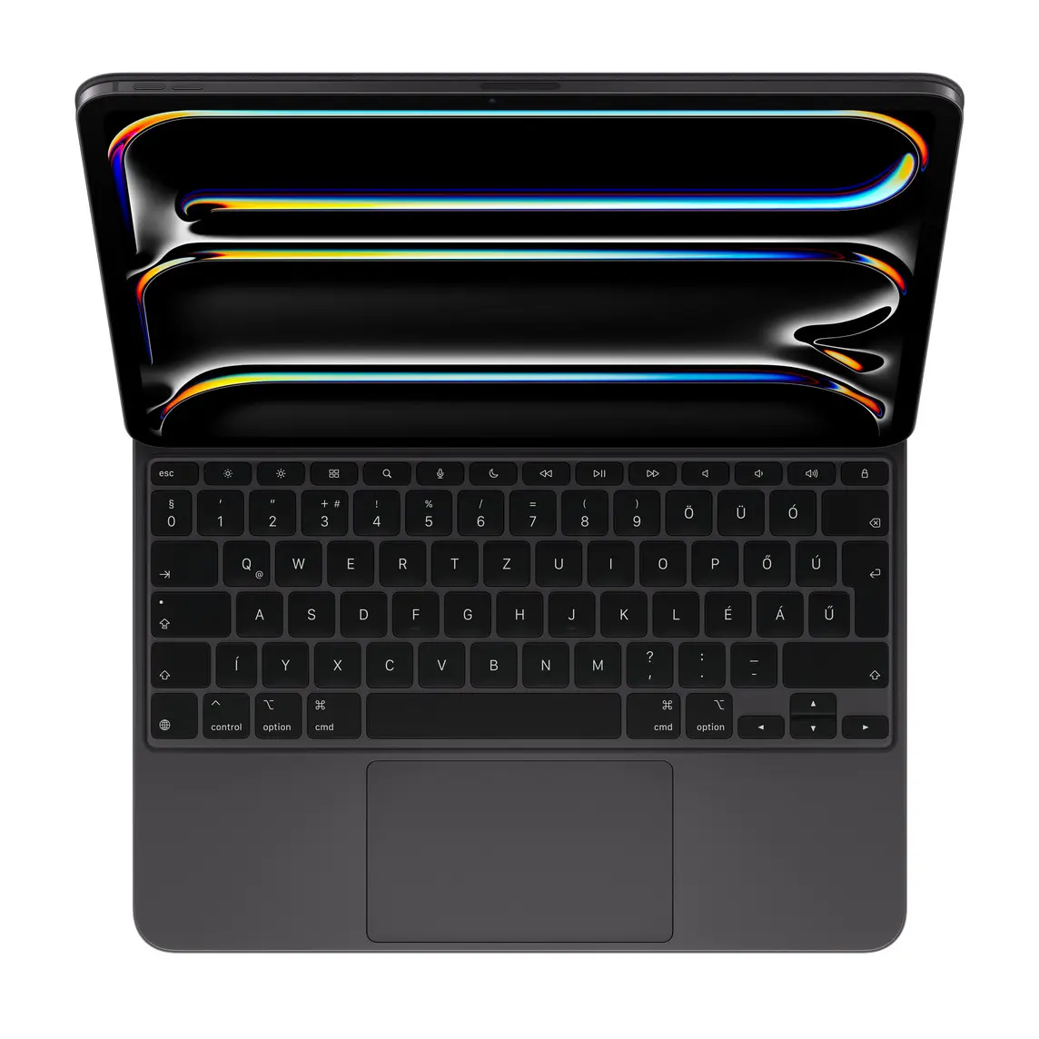 iPad Pro attached to Magic Keyboard, Black, black keys with white text, inverted T arrow keys, function key row, built-in trackpad