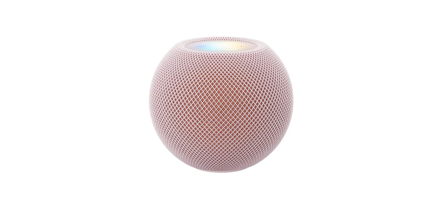 HomePod mini 2, pink colour (light pink), front exterior, compact spherical design, seamless acoustic mesh fabric. Top exterior, flat backlit touch surface, multi‑coloured illumination