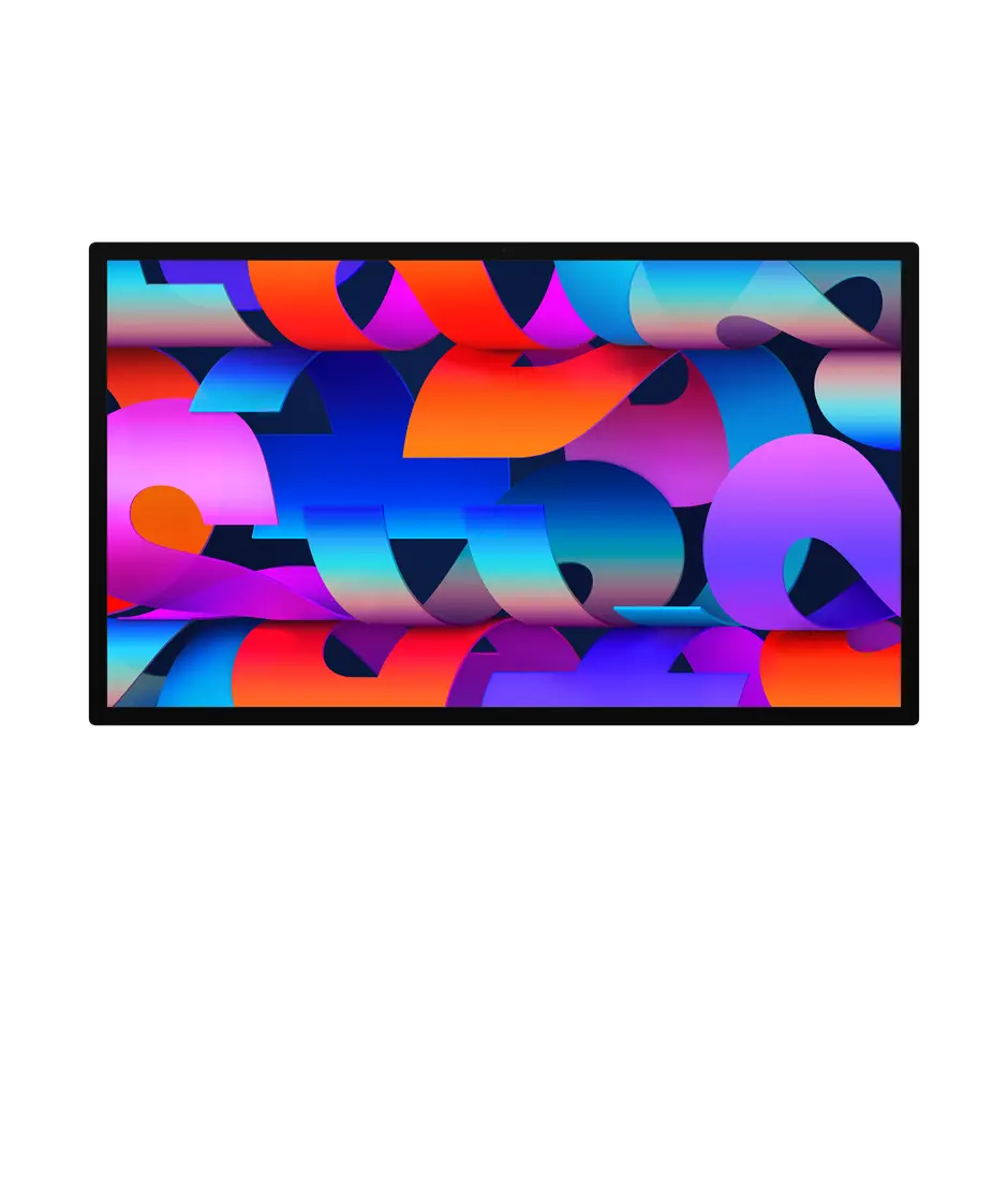 Studio Display, rectangular screen, nano-texture glass, reduced glare, low reflectivity, thin black bezels, silver colour stand