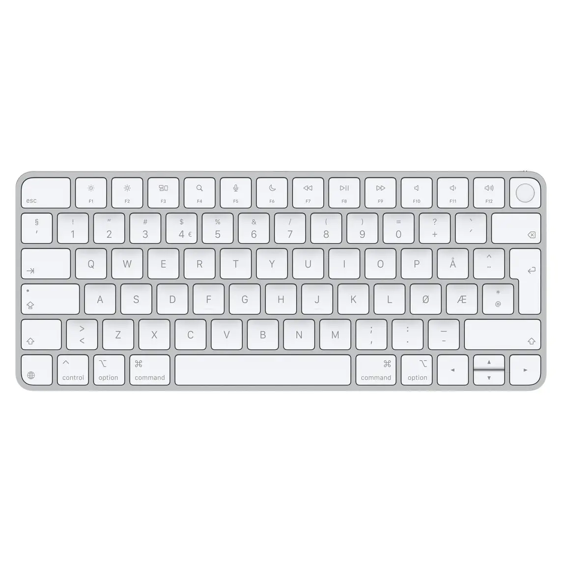 Magic Keyboard, white keys, silver aluminium structure, full-height function keys, half-height up and down arrow keys