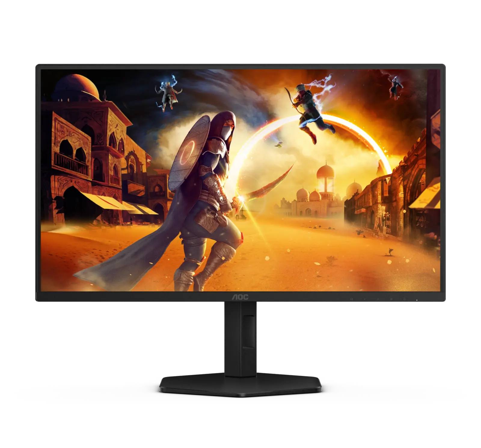 AOC 25G4SXU 24.5-inch gaming monitor from the front on its black height-adjustable stand, with a game scene on screen and no badges.