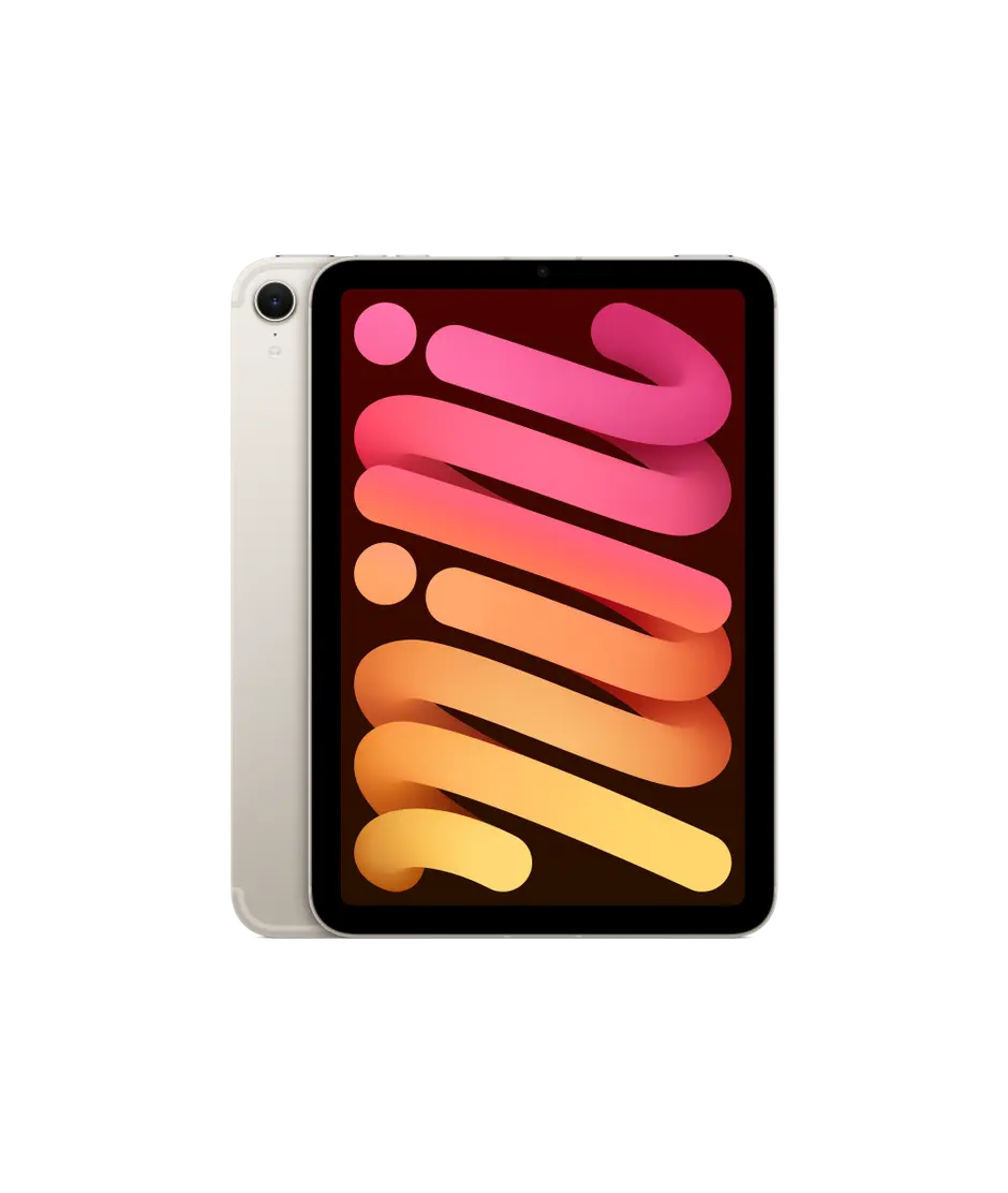 iPad mini Wi-Fi + Cellular, back exterior, Starlight, single-lens camera, front exterior, black display bezel, rounded corners