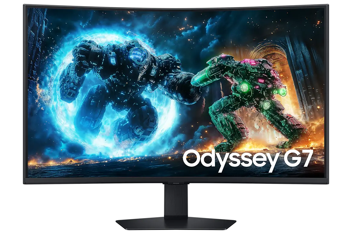 Samsung Odyssey G7 G75F 37-inch monitor, official exact-model gallery view showing the screen and supplied stand.