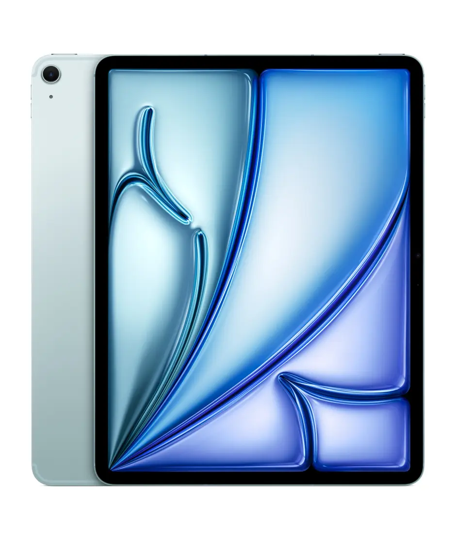 iPad Air, Wi-Fi + Cellular, back exterior, Blue, single-lens camera, iPad Air, front exterior, black display bezel, rounded corners