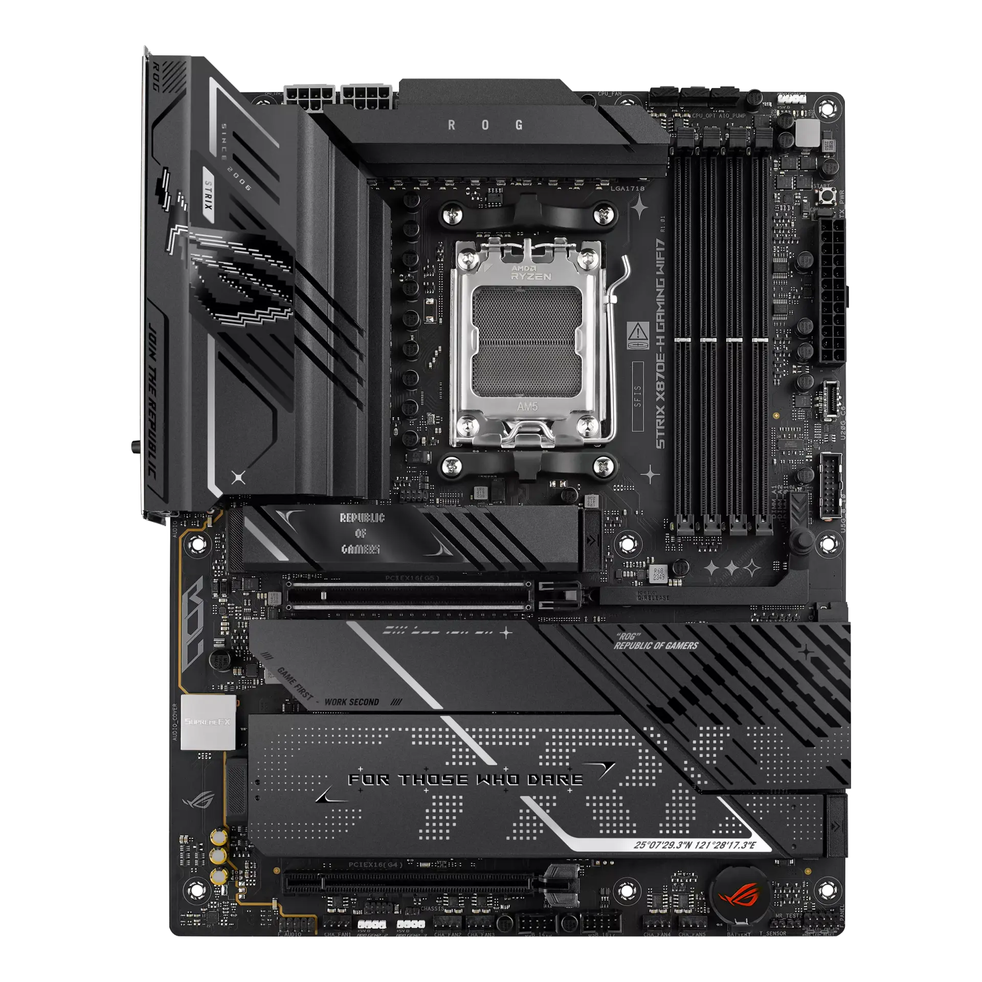 ASUS ROG STRIX X870E-H GAMING WIFI7 motherboard, official front view showing its exact board layout, AM5 processor socket, four memory slots and heatsinks.
