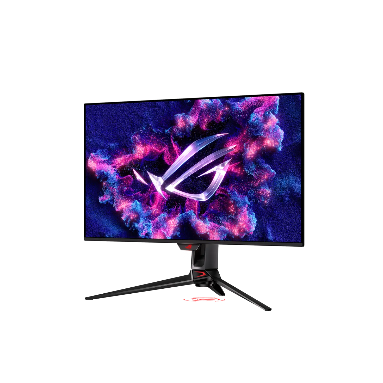 ASUS ROG Swift OLED PG32UCDM monitor at a front-left angle on its tripod-style stand, with ROG screen artwork.