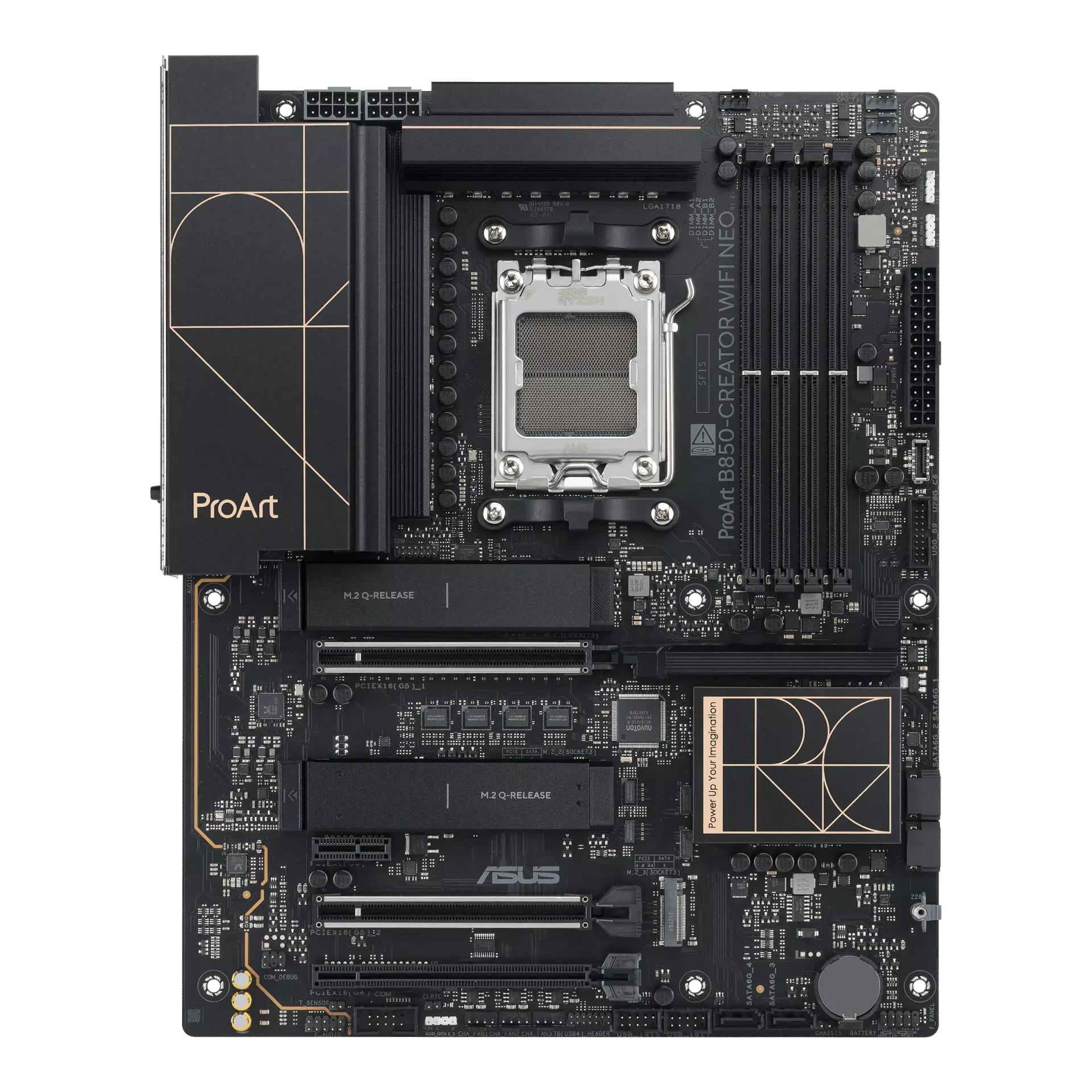 ASUS ProArt B850-CREATOR WIFI NEO motherboard, official front view showing its exact board layout, AM5 processor socket, four memory slots and heatsinks.