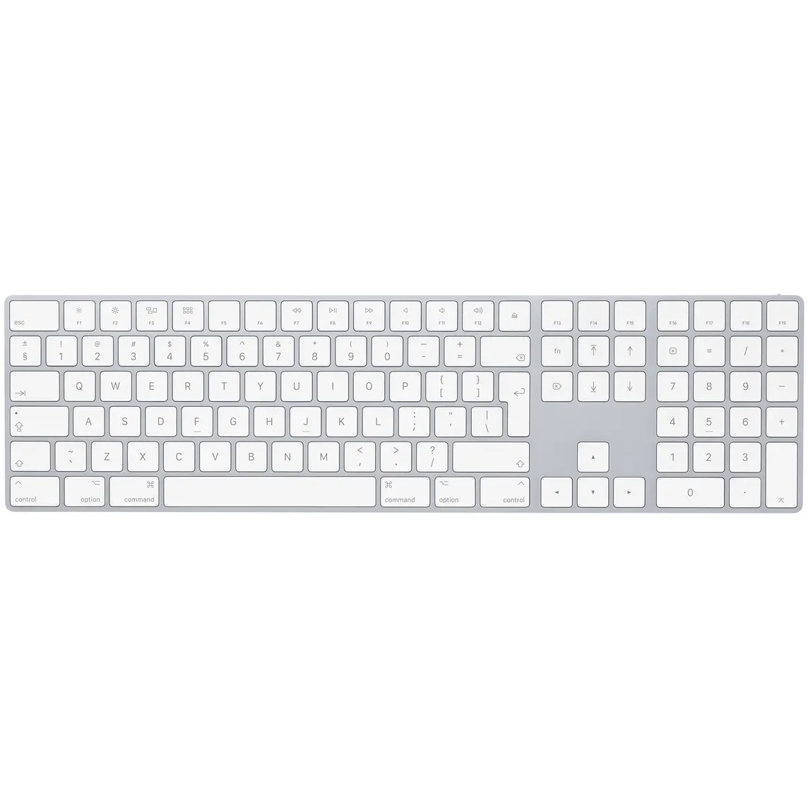 Magic Keyboard with Numeric Keypad in white, featuring an inverted T arrow key layout, 6-pack of navigation keys, globe and fn key, delete, home, end, page up, page down