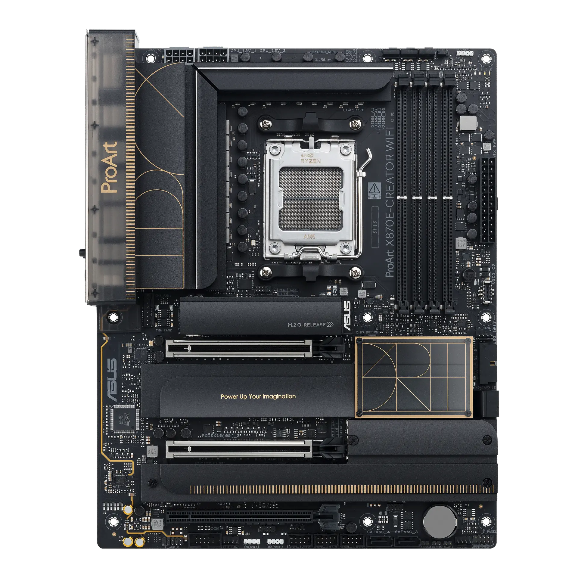 ASUS ProArt X870E-CREATOR WIFI motherboard, official front view showing its exact board layout, processor socket, memory slots and heatsinks.