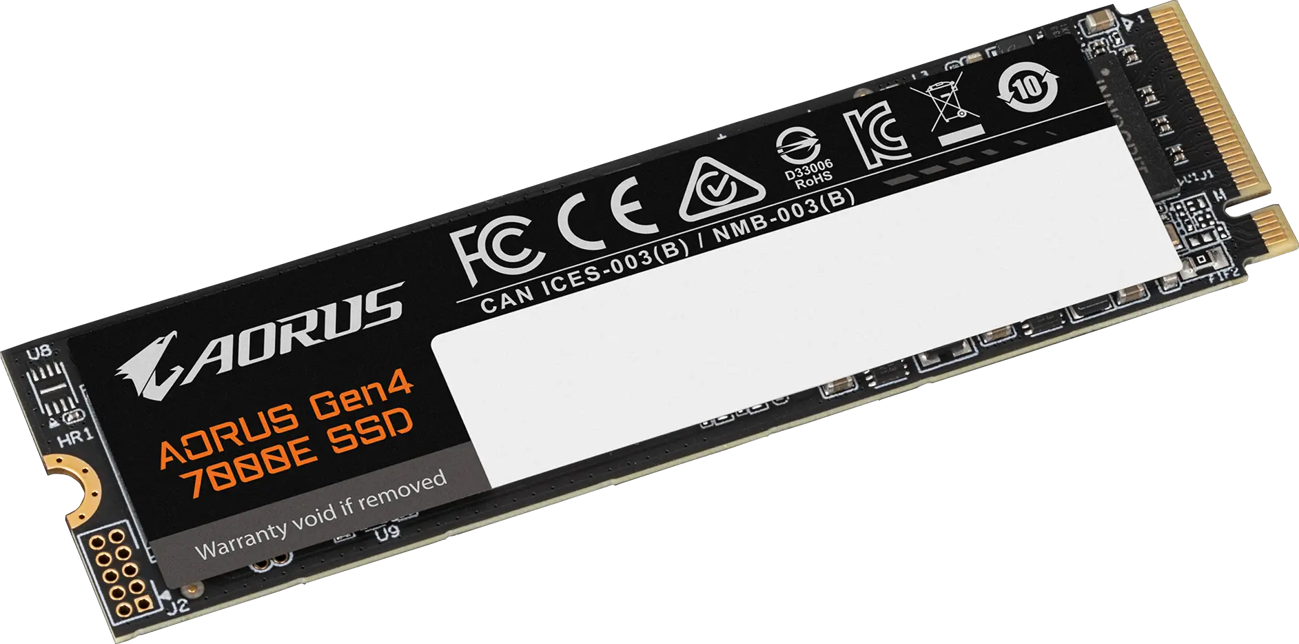 GIGABYTE AORUS Gen4 7000E 2 TB M.2 2280 SSD, angled view of the labelled single-sided module