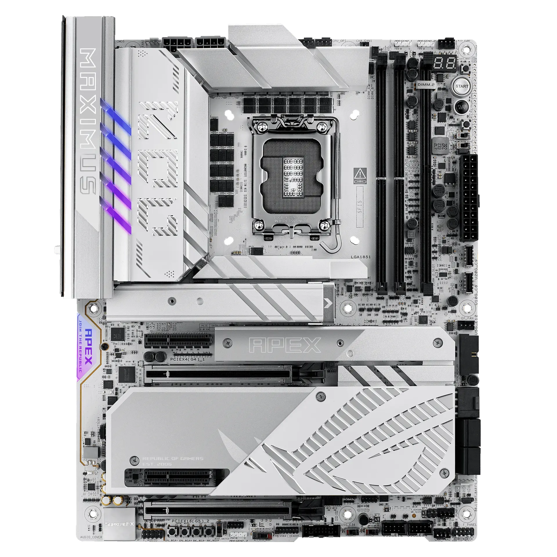 ASUS ROG MAXIMUS Z890 APEX motherboard, official front view showing its exact board layout, processor socket, memory slots and heatsinks.