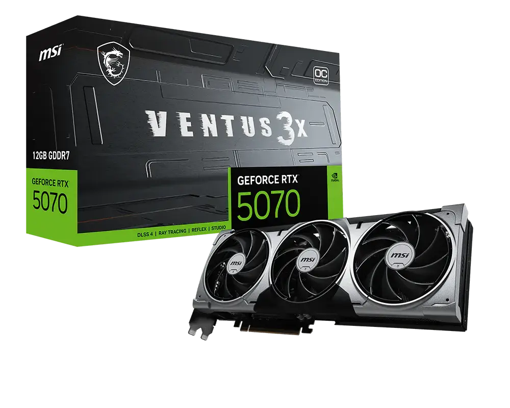 MSI GeForce RTX 5070 12G VENTUS 3X OC graphics card and exact-model retail box showing 12 GB GDDR7