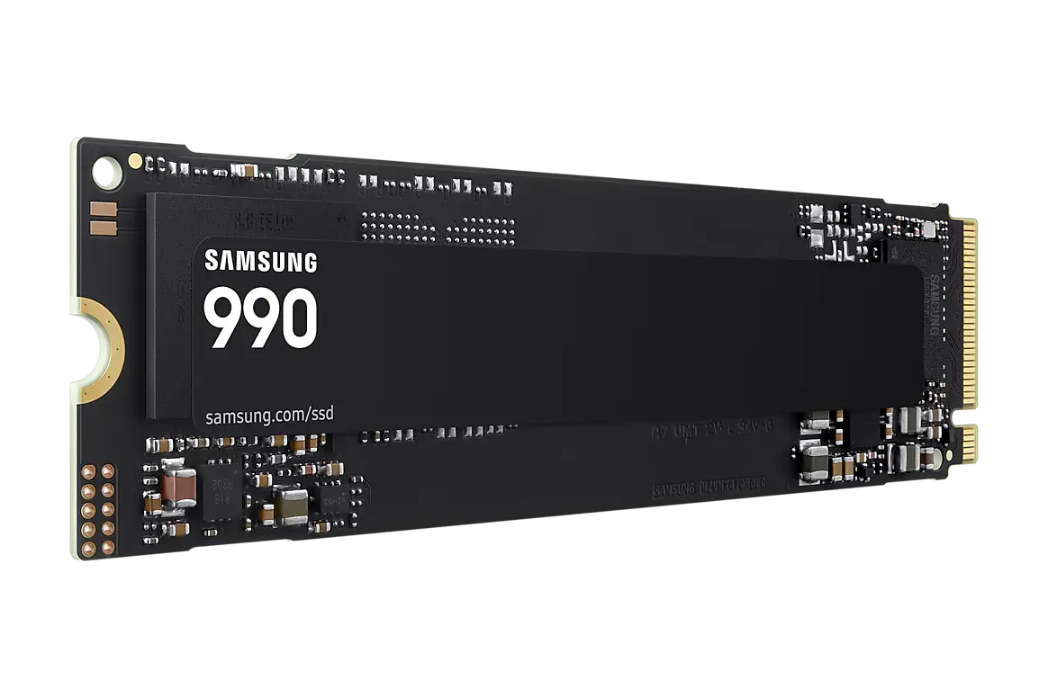Samsung 990 2 TB M.2 2280 NVMe SSD, angled front view showing the 990 label