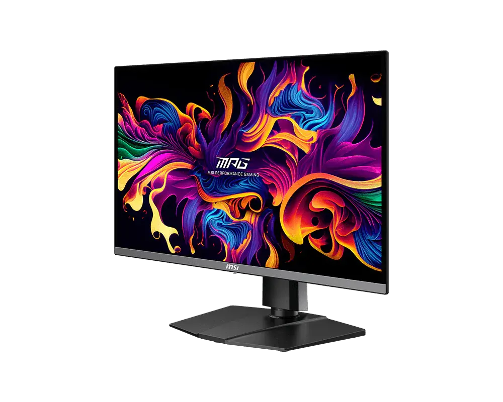 MSI MPG 271QRX QD-OLED: one monitor with its supplied stand, shown from the front at an angle
