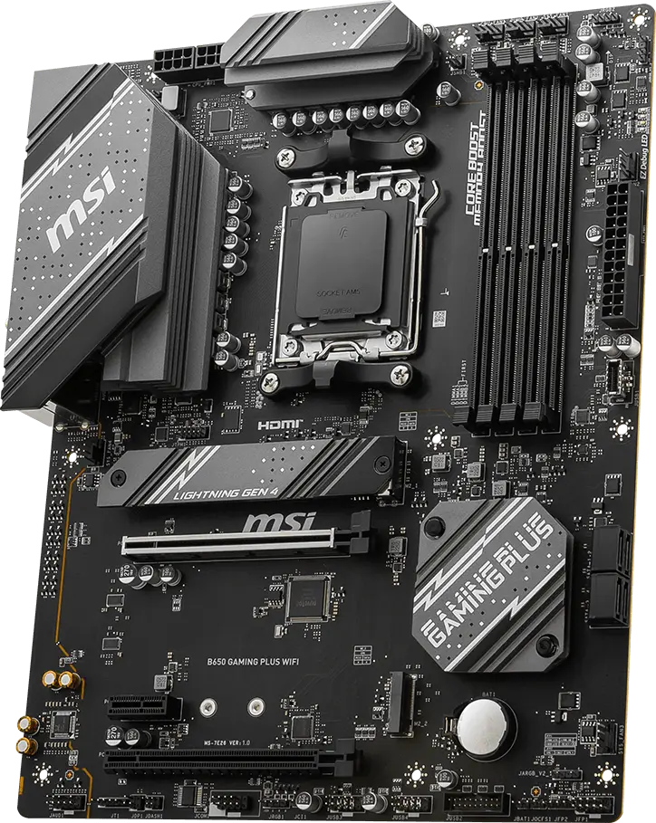 MSI B650 GAMING PLUS WIFI motherboard, oblique front view with exact model printed on the board; no CPU, RAM or accessories installed