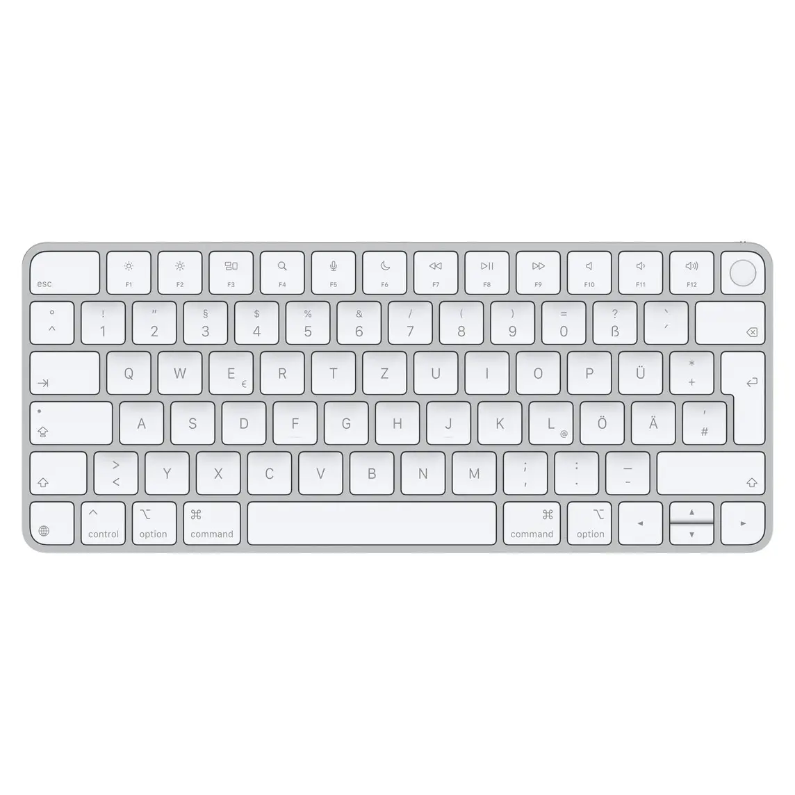 Magic Keyboard, white keys, silver aluminium structure, full-height function keys, half-height up and down arrow keys