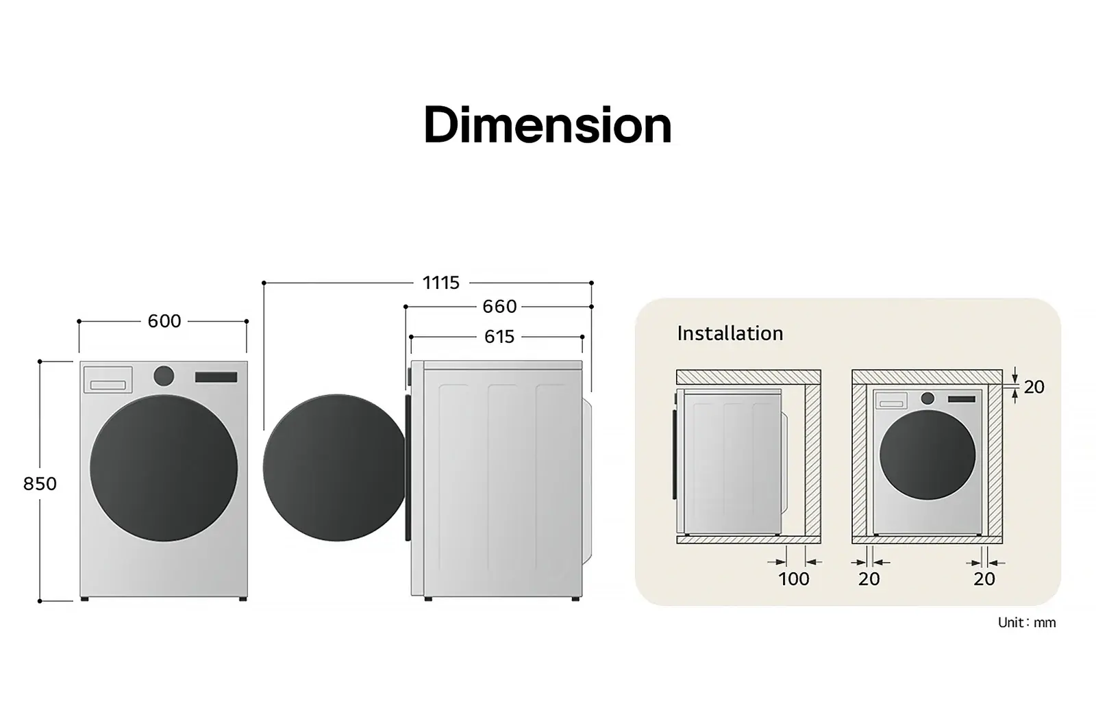 LG dryer technical drawing: W 600, H 850, D 615mm (door open 1115mm), including installation clearances.
