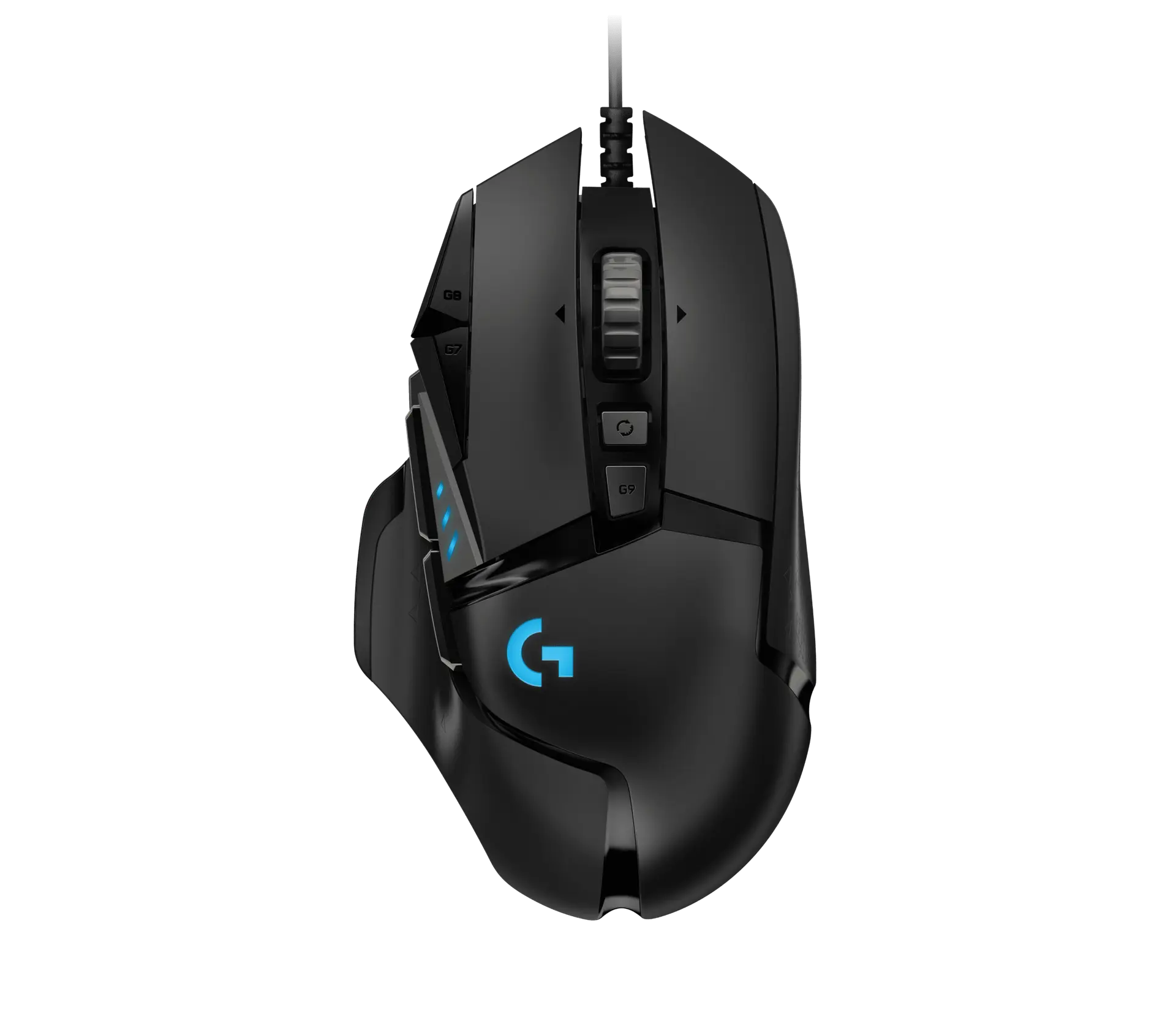 Black Logitech G502 HERO wired mouse, with its thumb rest, labelled G-keys, dual-mode wheel and attached cable visible
