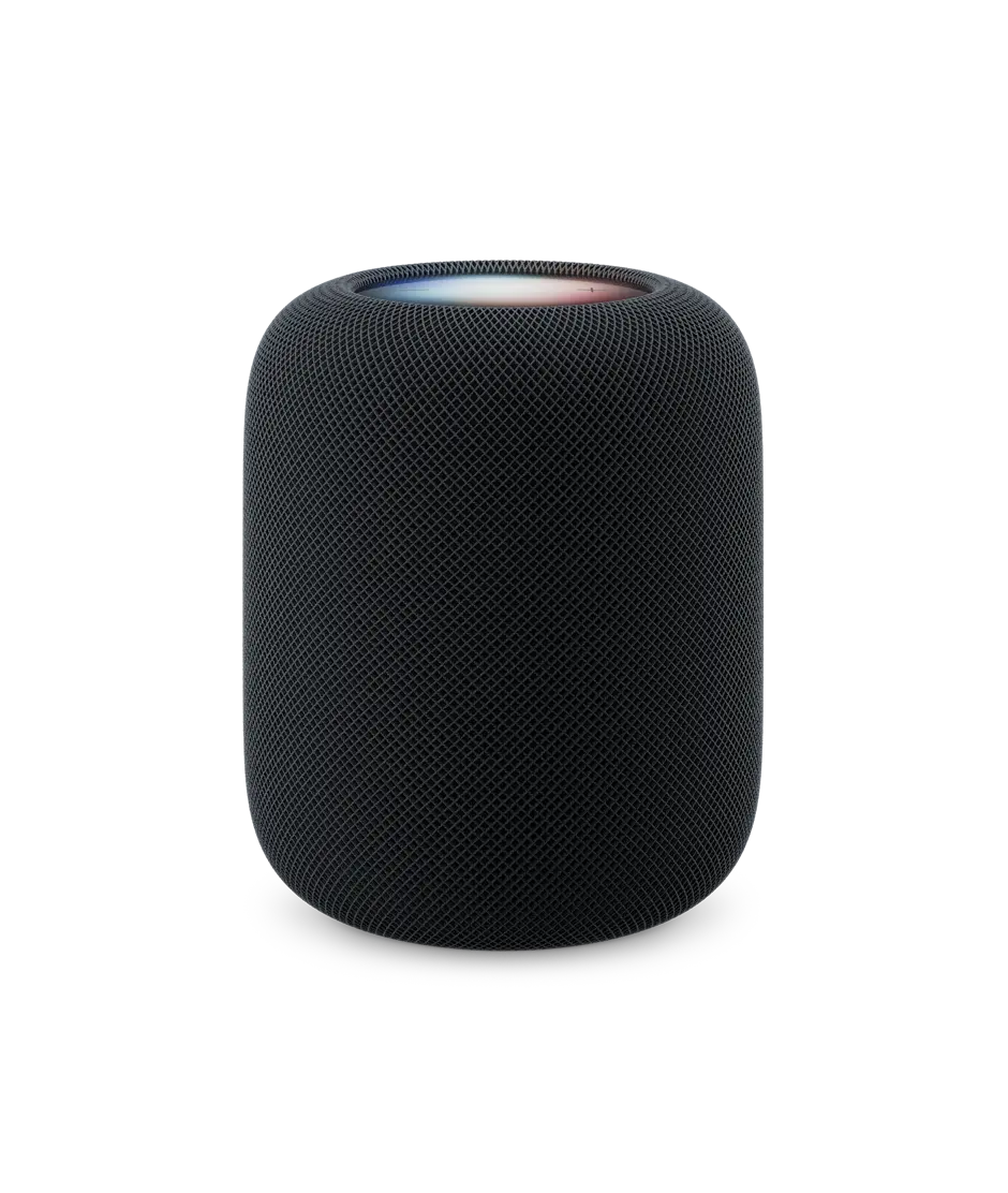 HomePod, midnight colour (black), front exterior, cylindrical design, seamless acoustic mesh fabric. Top exterior, flat backlit touch surface, multi-coloured illumination