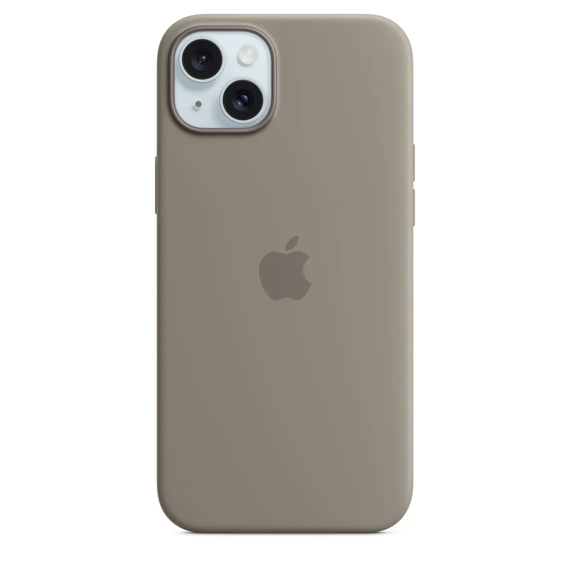 iPhone 15 Plus Silicone Case with MagSafe in Clay, embedded Apple logo in centre, attached to iPhone 15 Plus Blue finish, seen through camera cut-out.