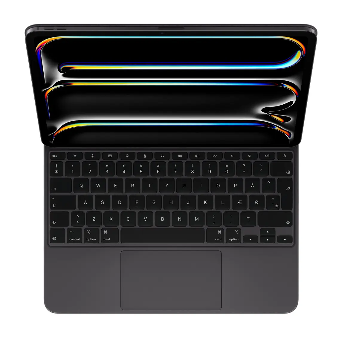iPad Pro attached to Magic Keyboard, Black, black keys with white text, inverted T arrow keys, function key row, built-in trackpad