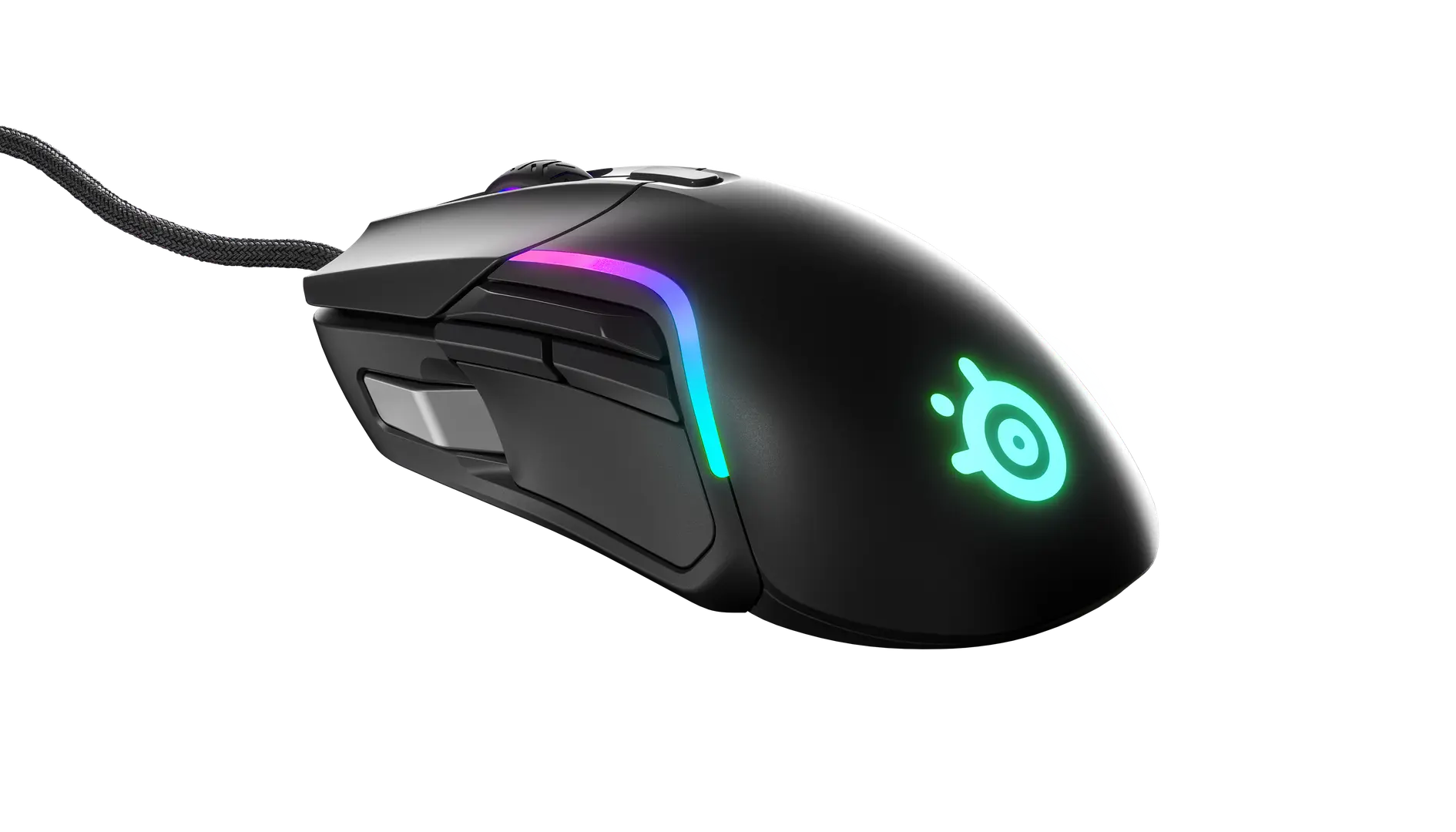 SteelSeries Rival 5 wired mouse in black, angled view showing the left side-button panel, mesh cable, lit logo and RGB light bar