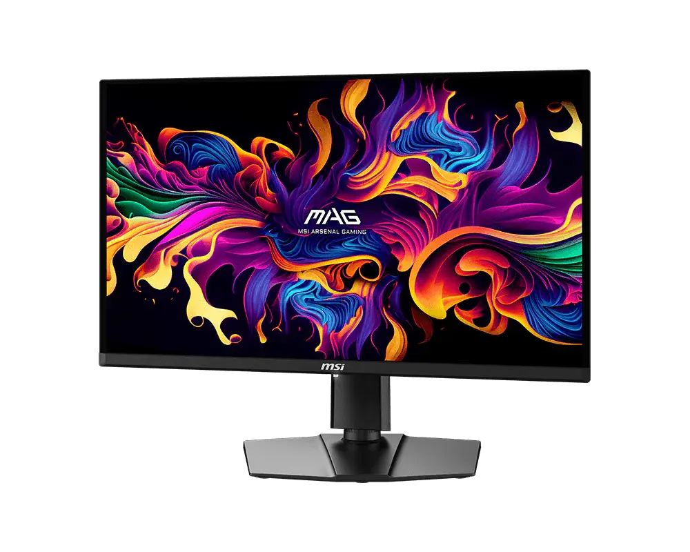 MSI MAG 271QPX QD-OLED E2: one monitor with its supplied stand, shown from the front at an angle