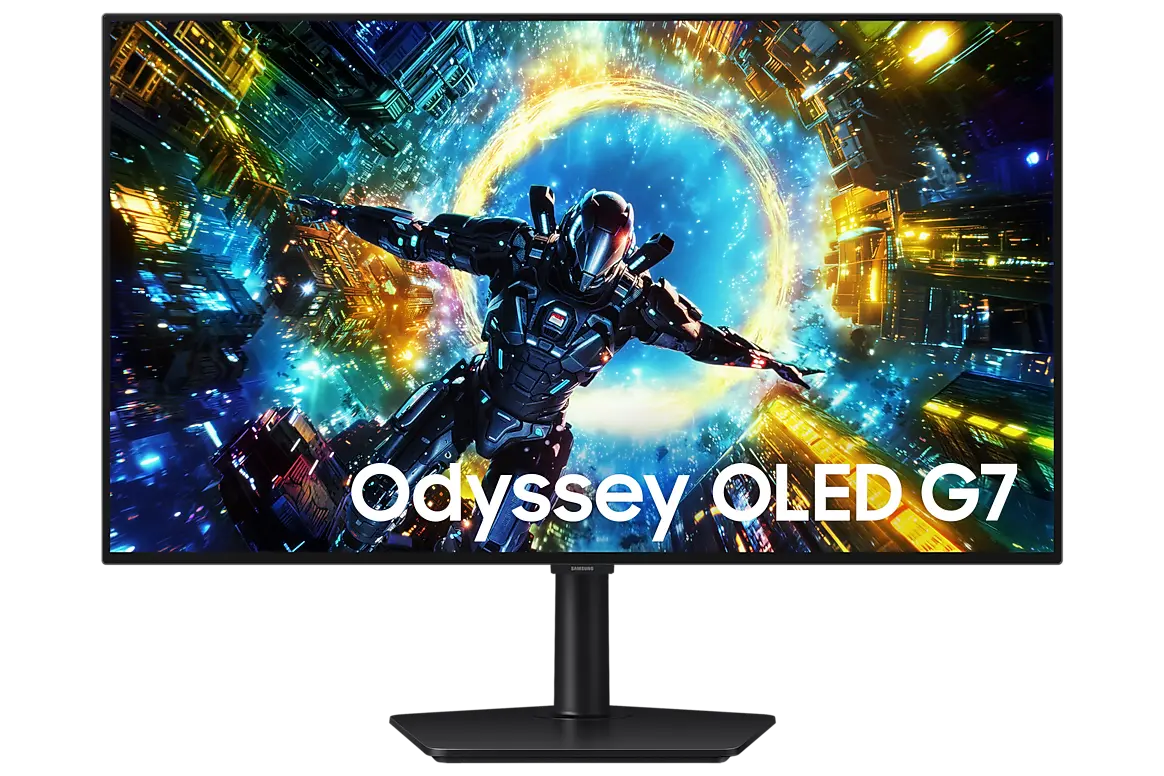 Samsung Odyssey OLED G7 G73SH 32-inch monitor, official exact-model gallery view showing the screen and supplied stand.