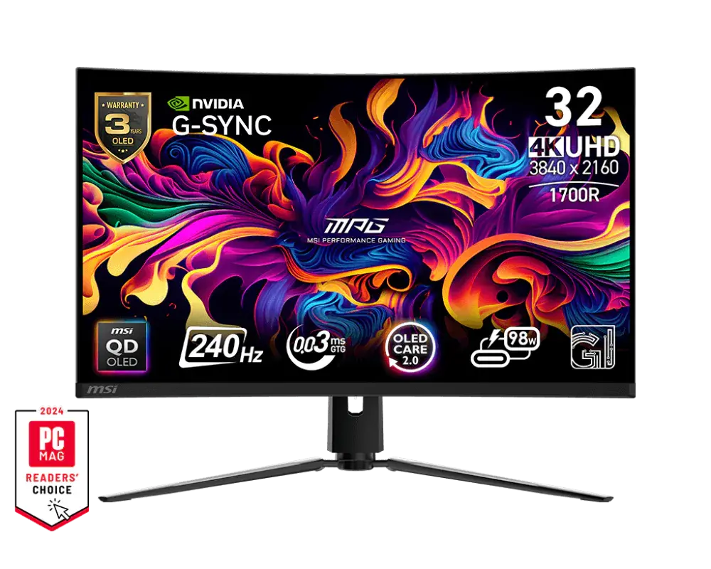 MSI MPG 321CURX QD-OLED monitor on its supplied stand, official front view with manufacturer sample screen artwork