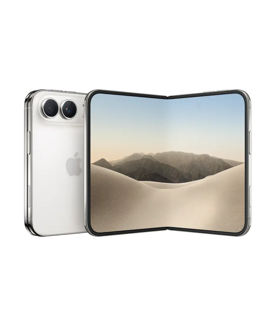 iPhone Duo, folded back exterior, star white colour, Dual Fusion camera system at top left, Apple logo in centre. Unfolded interior display, all-screen design, rounded corners