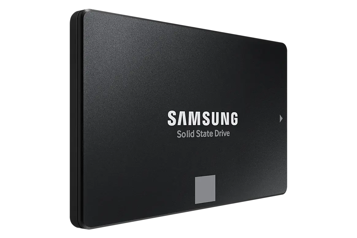 Black Samsung 870 EVO SATA enclosure from Samsung's exact 1 TB MZ-77E1T0B/EU product gallery; capacity is not printed on this face.
