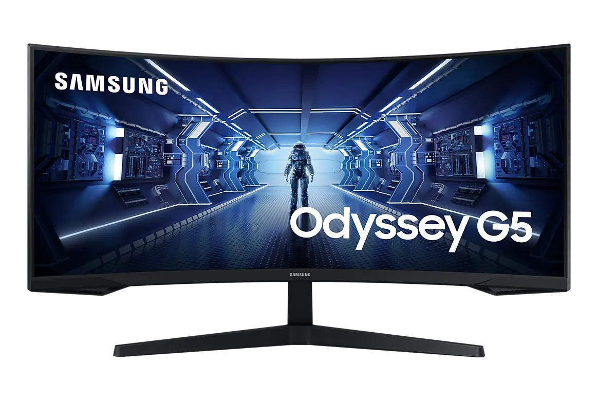 Samsung Odyssey G5 G55T 34-inch monitor, official exact-model gallery view showing the screen and supplied stand.