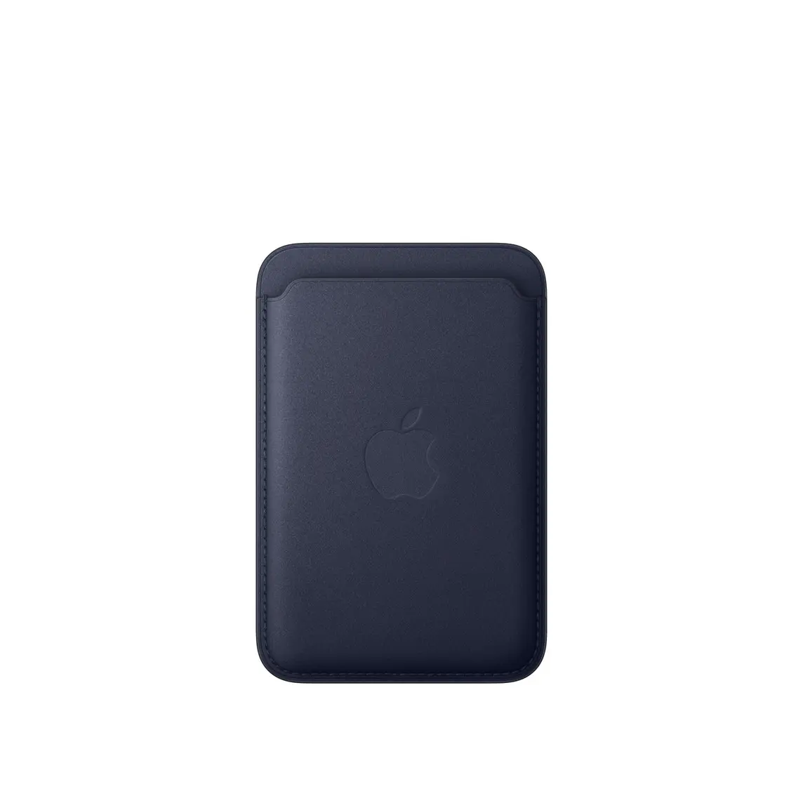 iPhone FineWoven Wallet with MagSafe, navy colour (dark blue), back exterior, card slot at top, embedded Apple logo in the centre, stitching along the edges