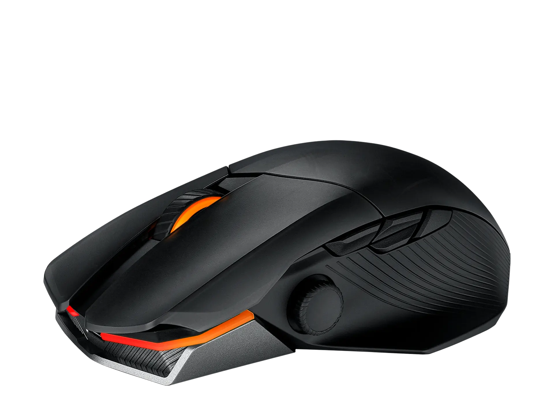 ASUS ROG Chakram X wireless mouse in translucent black and silver, front three-quarter view showing the orange-lit scroll wheel and light strip and the left-side joystick