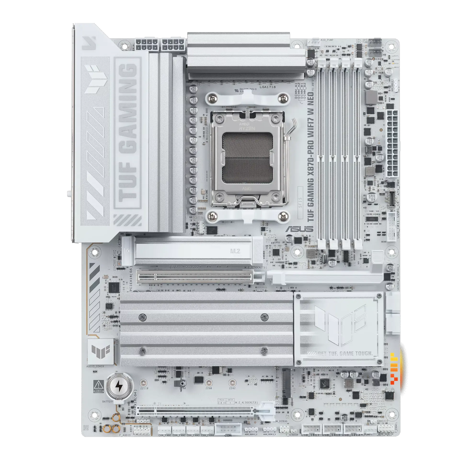 ASUS TUF GAMING X870-PRO WIFI7 W NEO motherboard in white, official front view showing its exact board layout, AM5 processor socket, four memory slots and heatsinks.