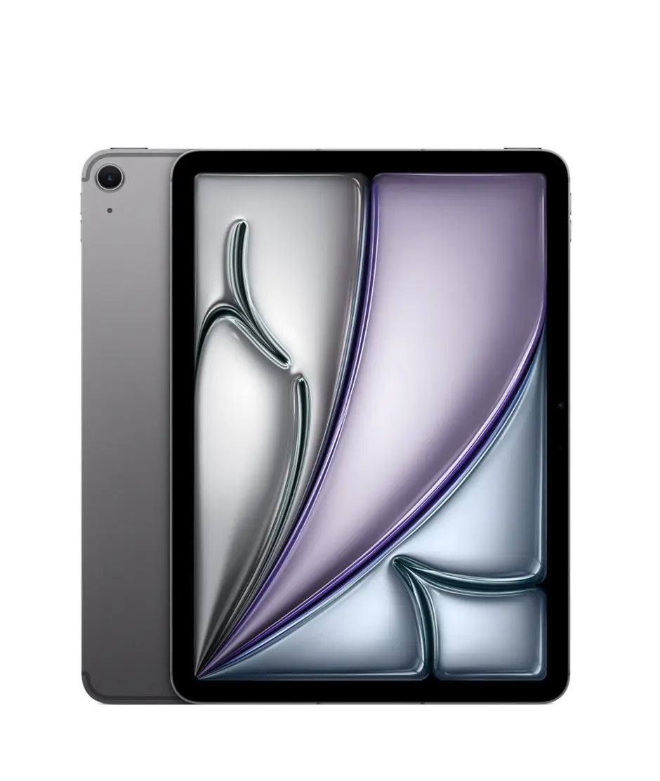 iPad Air, Wi-Fi + Cellular, back exterior, Space Grey, single-lens camera, iPad Air, front exterior, black display bezel, rounded corners