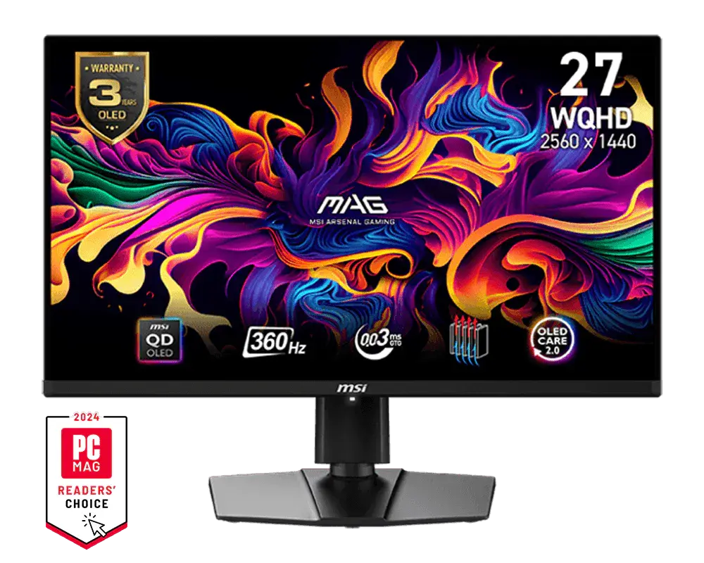 MSI MAG 271QPX QD-OLED monitor on its supplied stand, official front view with manufacturer sample screen artwork