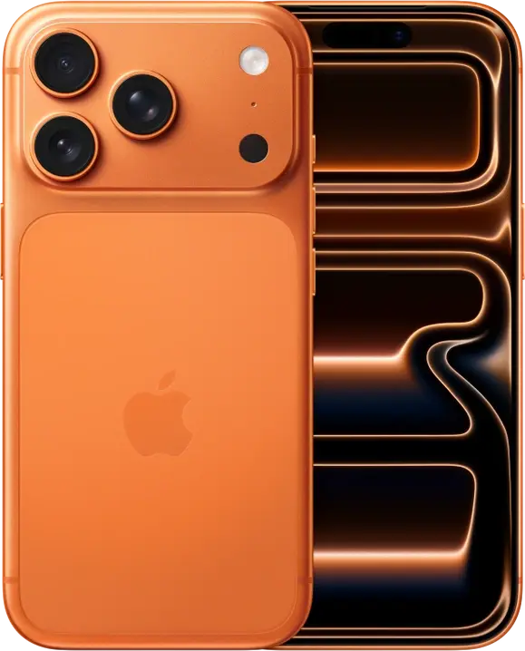 iPhone 17 Pro in Cosmic Orange, front and rear