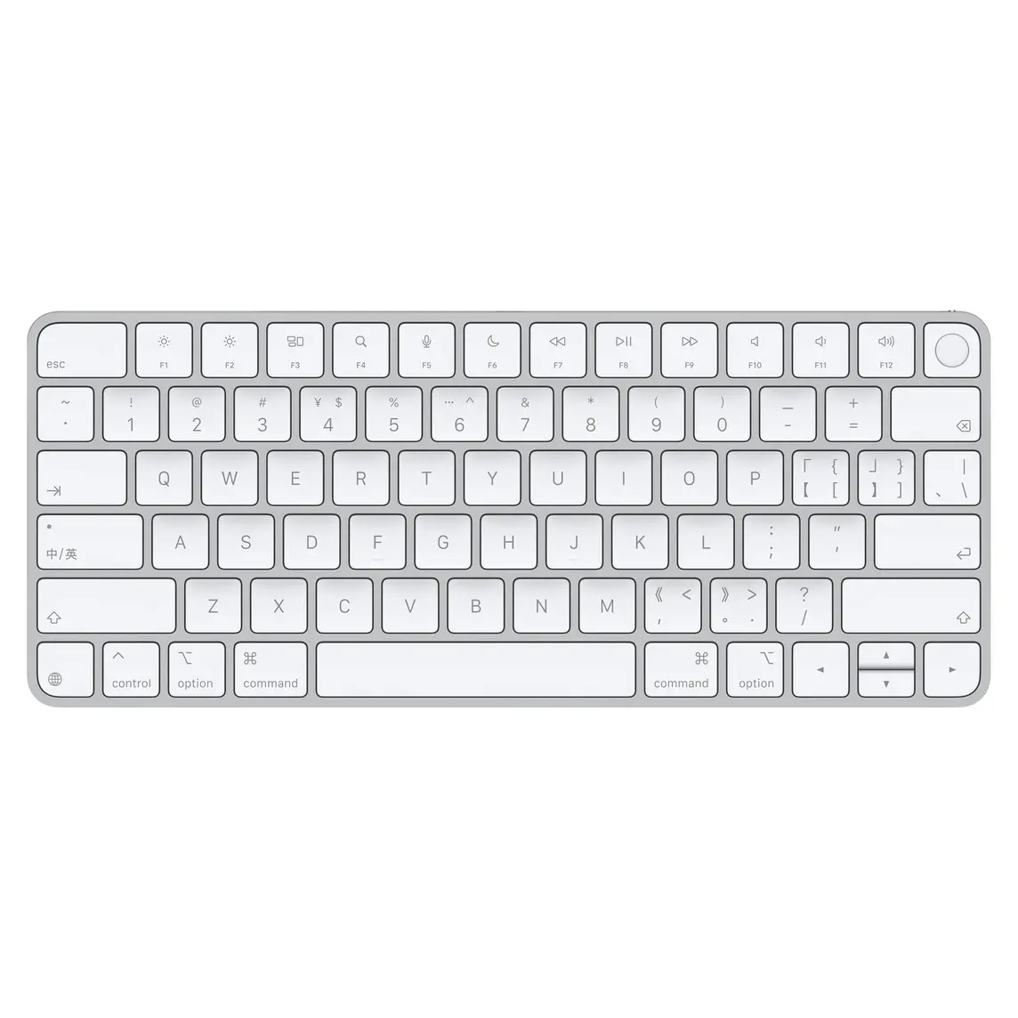 Magic Keyboard, white keys, silver aluminium structure, full-height function keys, half-height up and down arrow keys