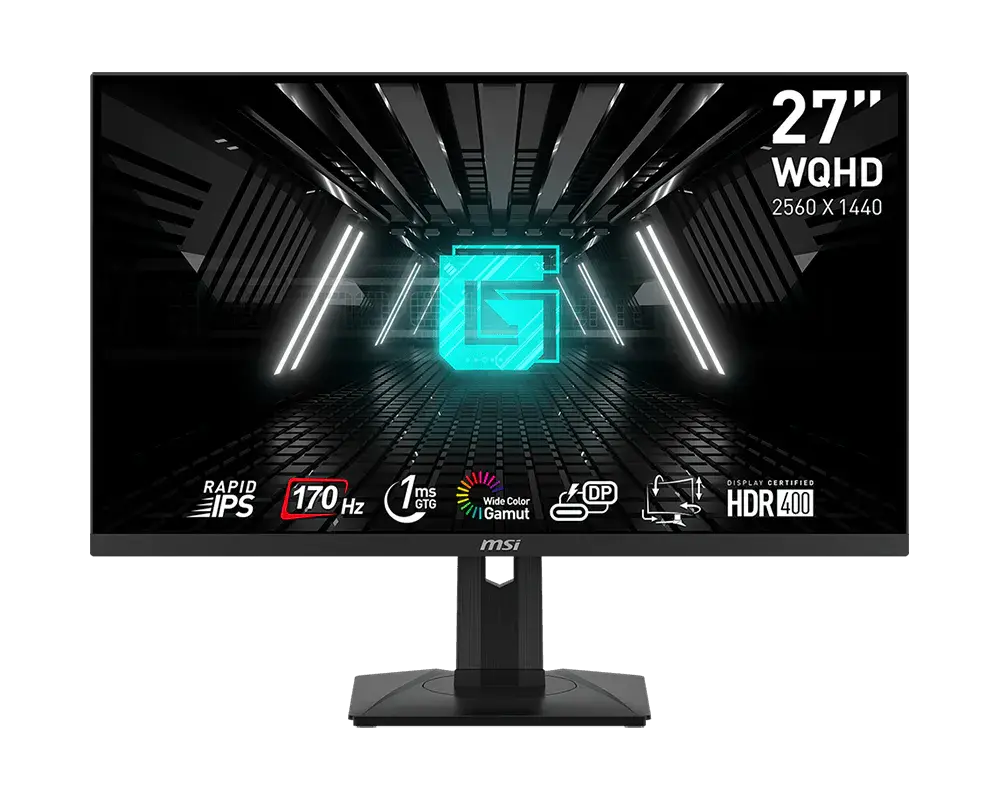MSI G274QPF monitor on its supplied stand, official front view with manufacturer sample screen artwork