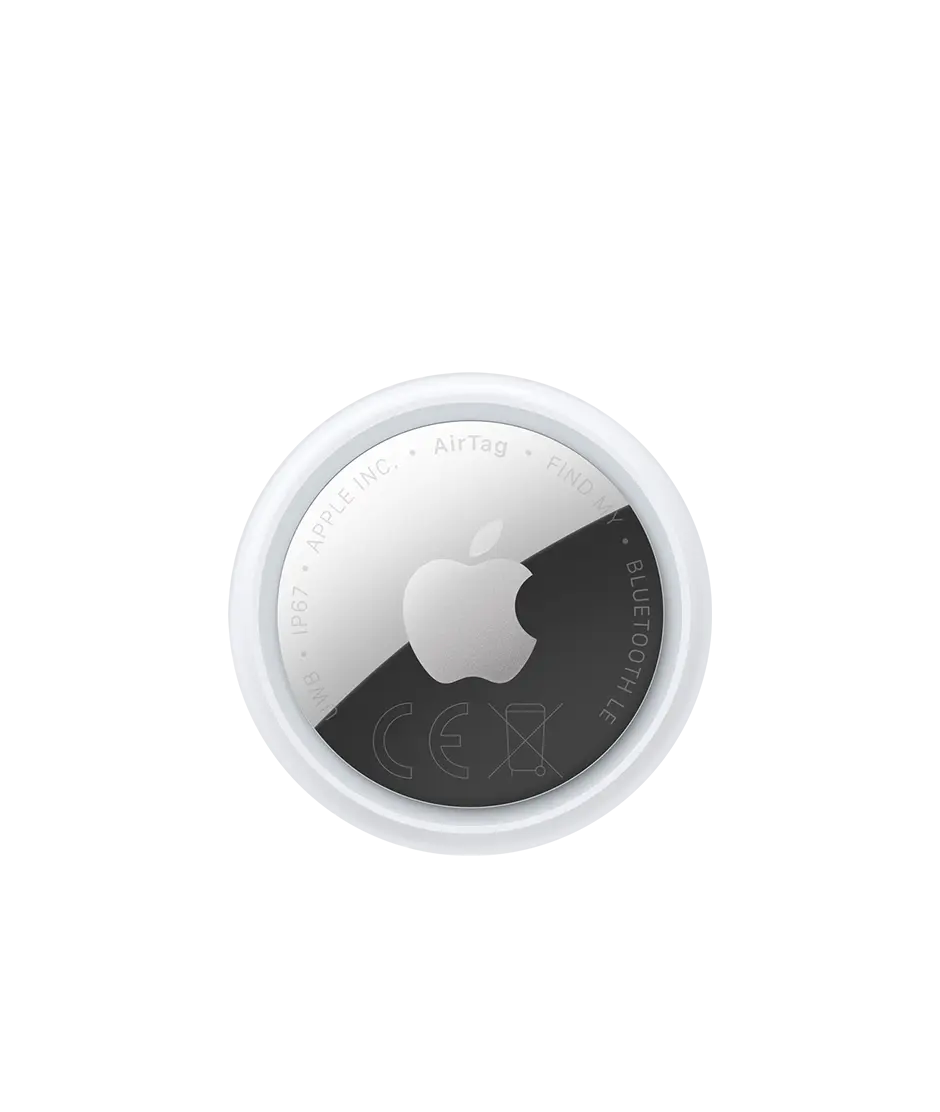 AirTag, 1-pack, circular shape, white colour ring around outer edge, front exterior, reflective silver colour material, Apple logo centred, etching around inner edge reads: AirTag - FIND MY - NFC - BLUETOOTH LE - CE, WEEE - UWB - IP67 - APPLE INC.
