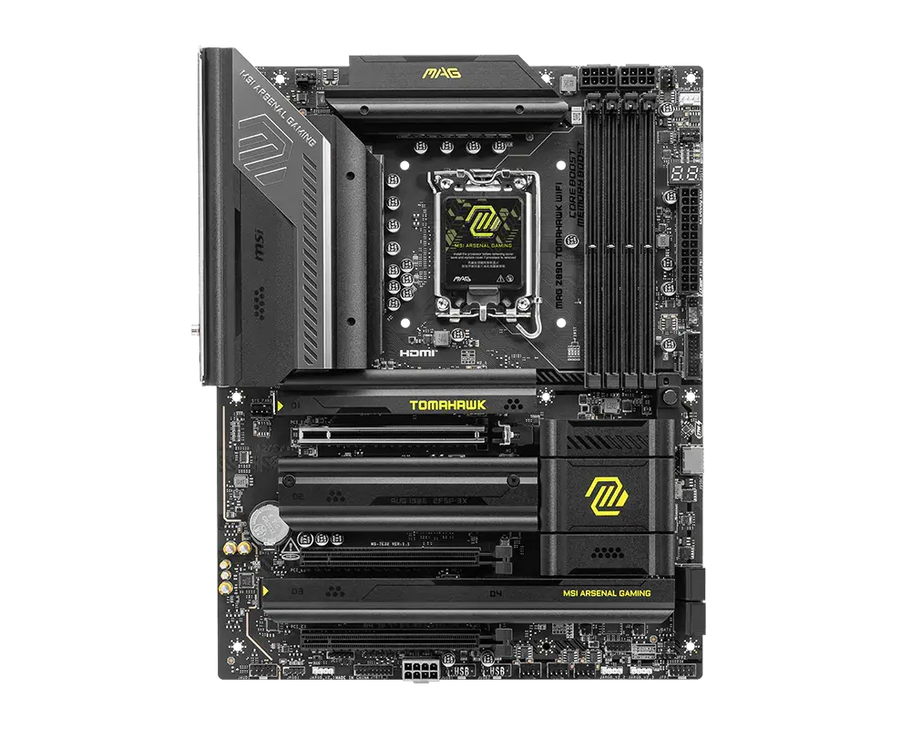 MSI MAG Z890 TOMAHAWK WIFI motherboard, top view of the exact global model; CPU and memory are not installed