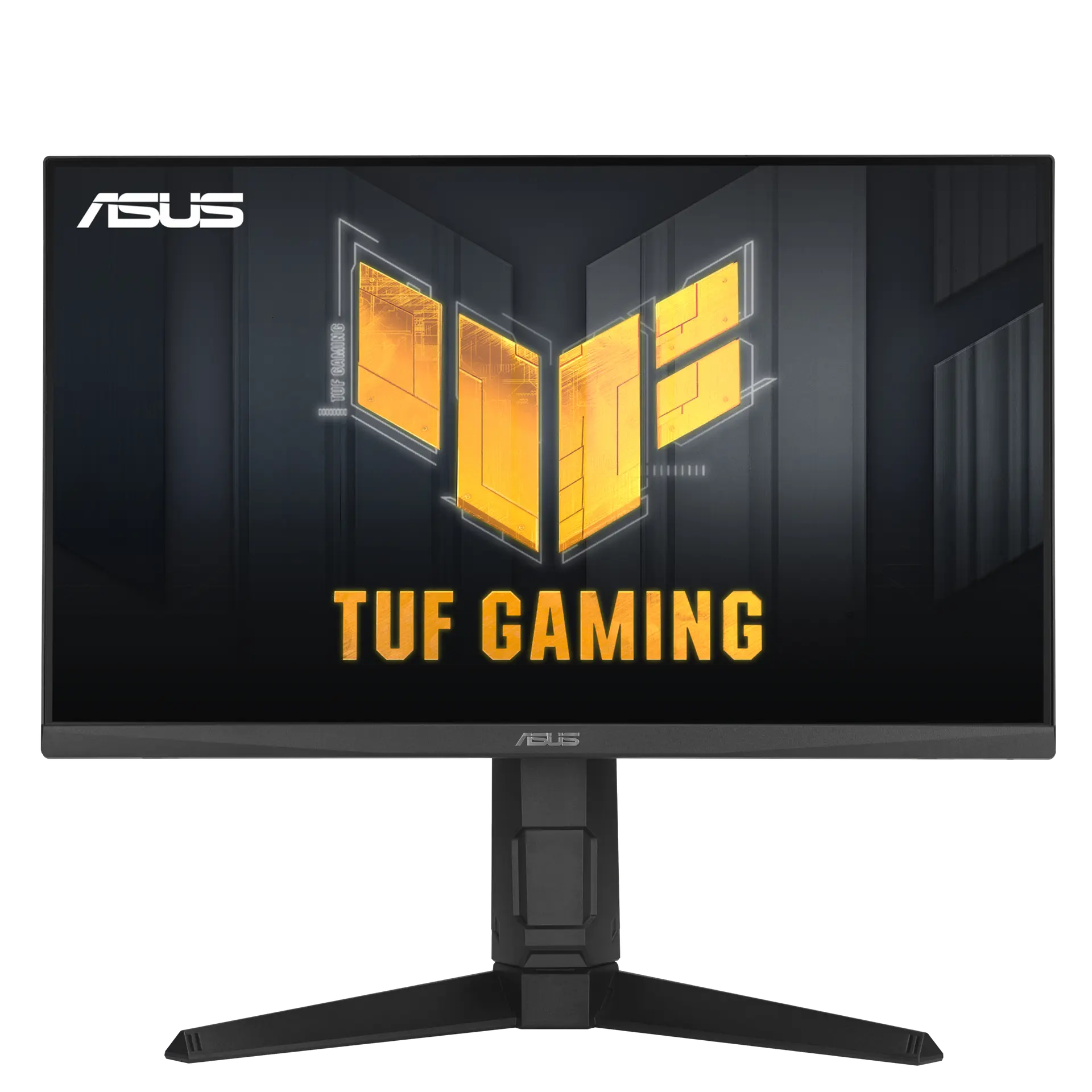 ASUS TUF Gaming VG249QL3A monitor from the front on its height-adjustable stand, with TUF Gaming screen artwork.