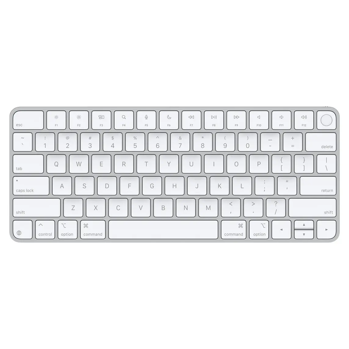 Magic Keyboard with Touch ID, white keys, silver aluminium structure, round Touch ID sensor, full-height function keys, half-height up and down arrow keys