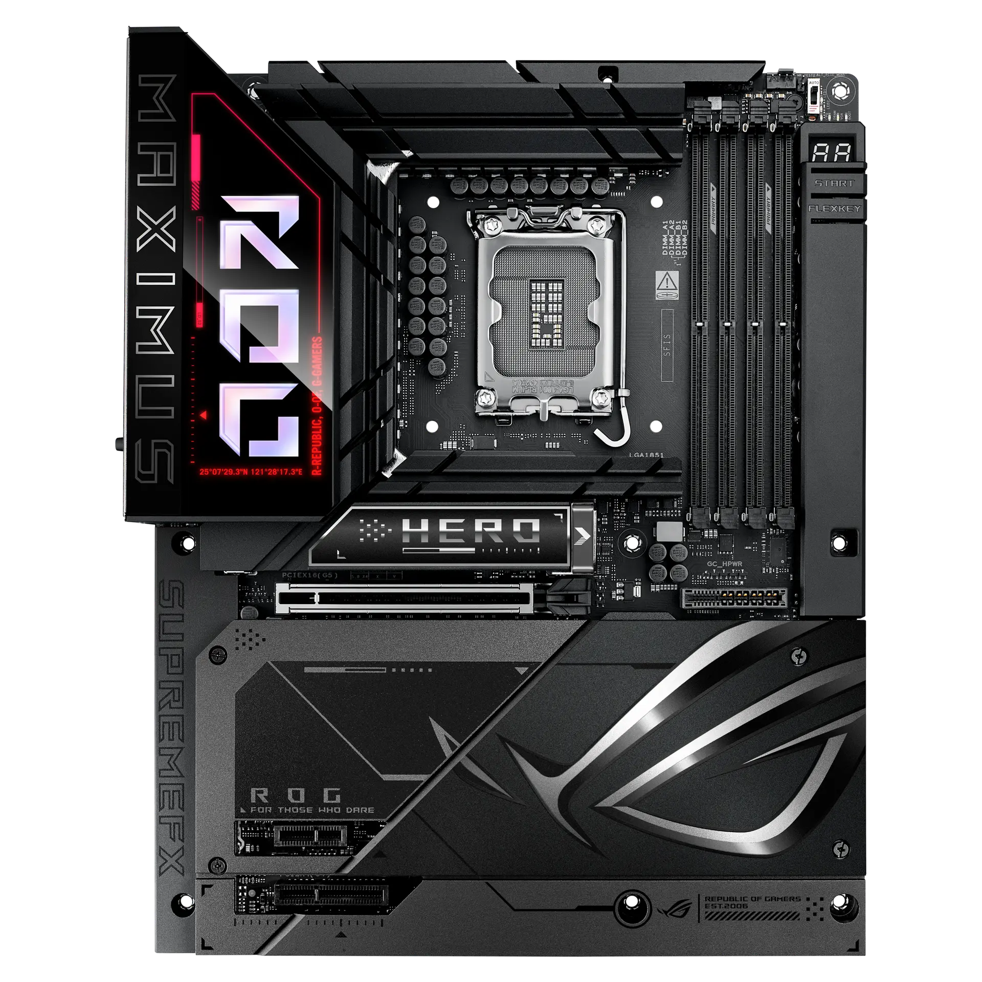 ASUS ROG MAXIMUS Z890 HERO BTF motherboard, official front view showing its exact board layout, processor socket, memory slots and heatsinks.
