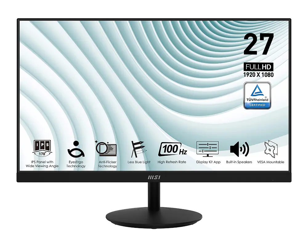 MSI PRO MP271A monitor with its supplied stand, official manufacturer illustration