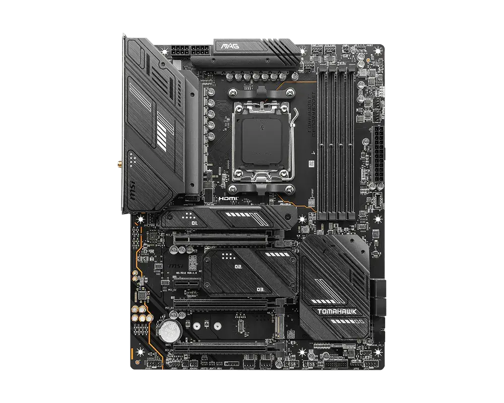 MSI MAG X670E TOMAHAWK WIFI motherboard, top view of the exact global model; CPU and memory are not installed