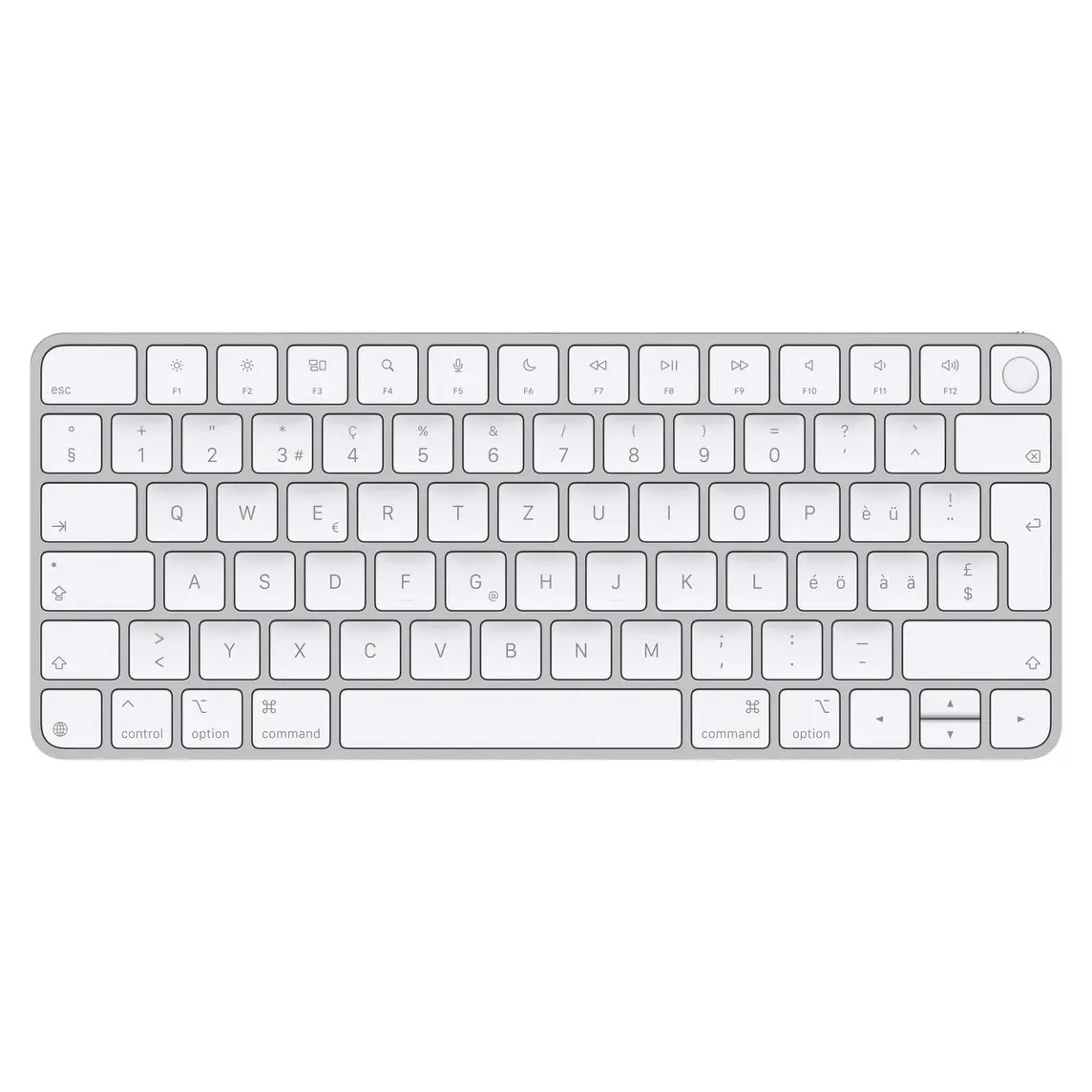 Magic Keyboard, white keys, silver aluminium structure, full-height function keys, half-height up and down arrow keys